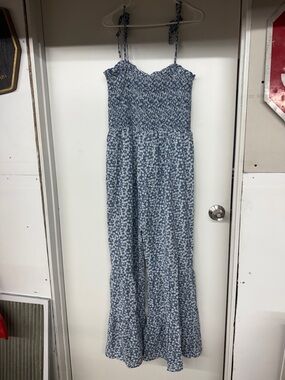 Blue Floral Smocked Maxi Jumpsuit